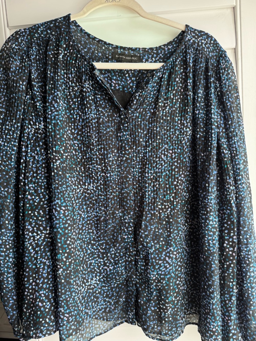 Banana Republic Black Blouse with Blue and White Speckle Print